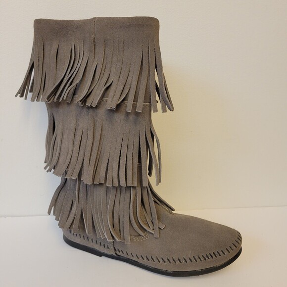 Minnetonka Suede Calf Hi 3-Layer Fringe Moccasin Pocahontas Cowgirl Western Boot - Picture 8 of 11